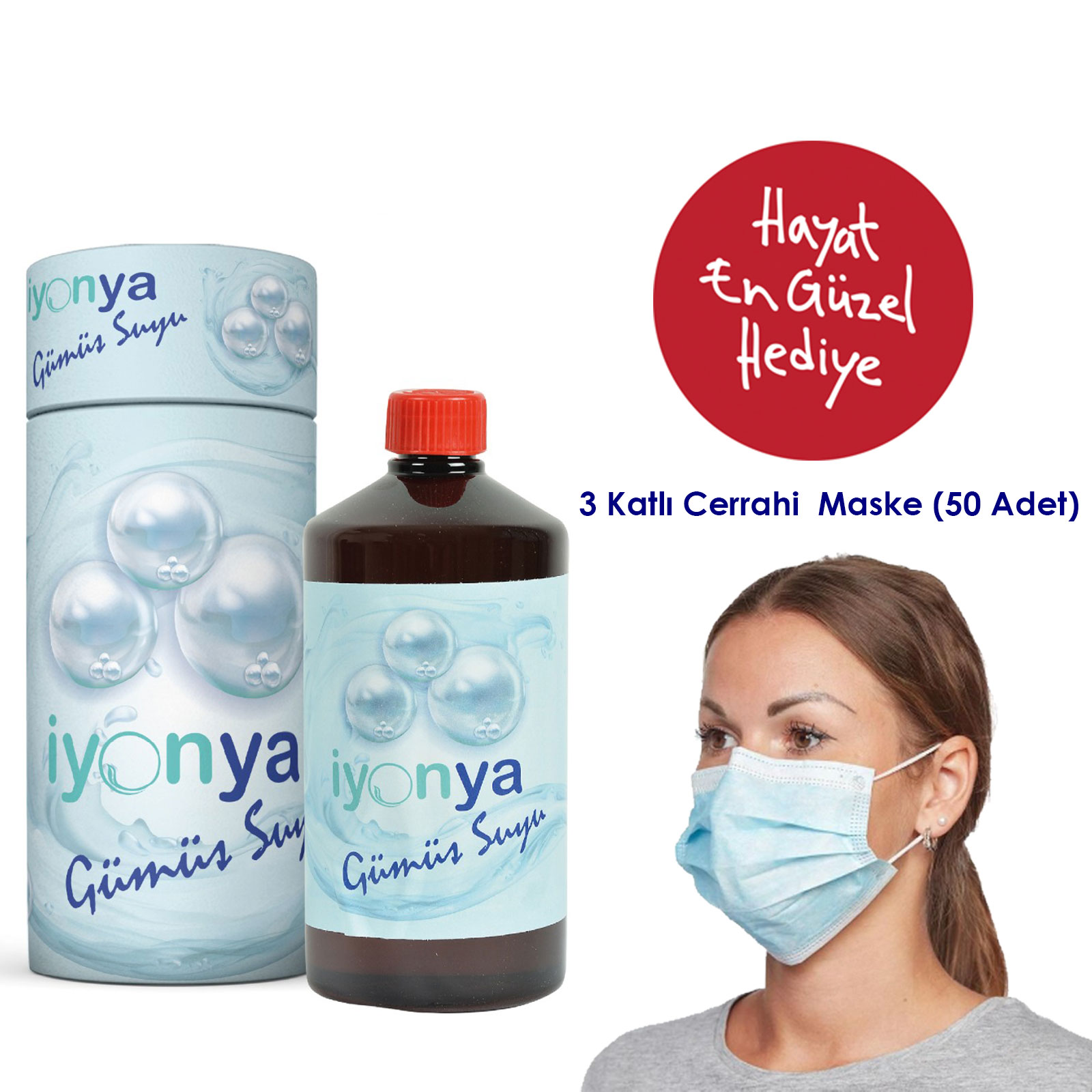 1Lt Gümüş Suyu 3 Katlı Cerrahi Maske Hediye